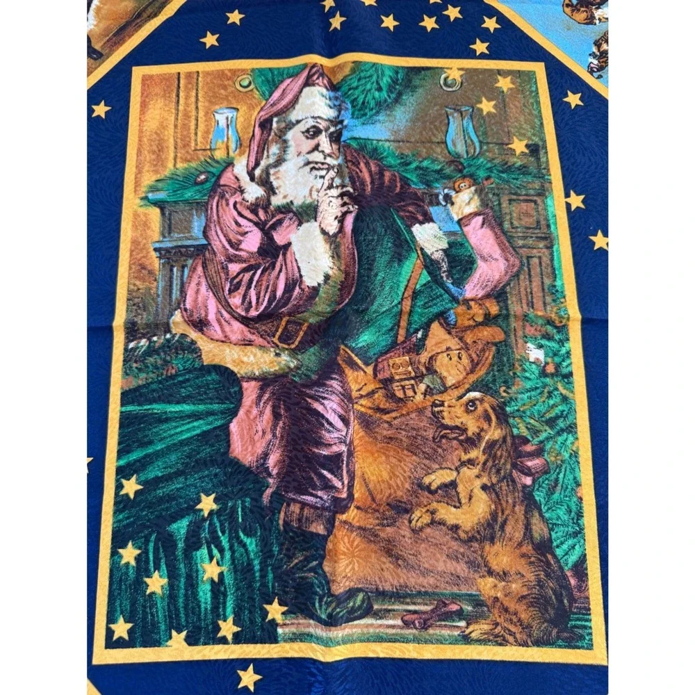 Vintage Peacock Silk Trading Co Santa Christmas Lg Square Scarf Navy Red Retro